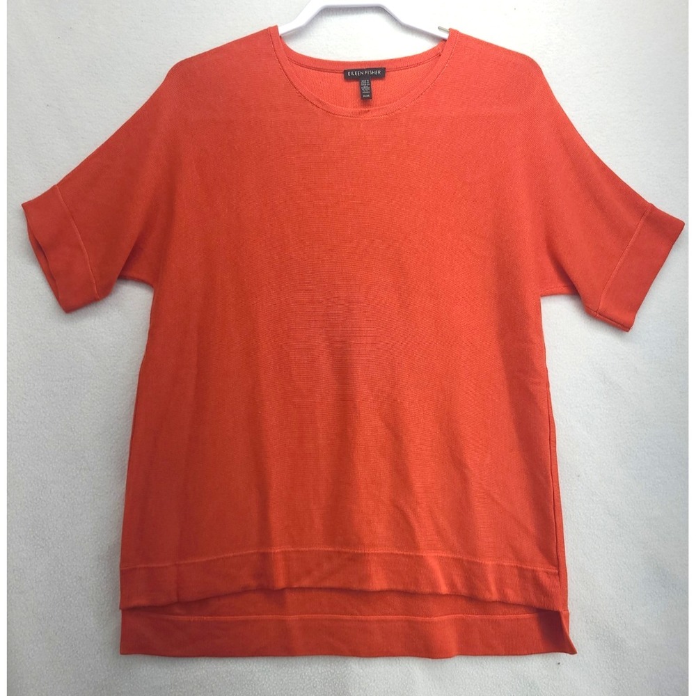 Eileen Fisher Knit Top Women M Orange Tencel Silk Blend Round Neck Short Sleeve